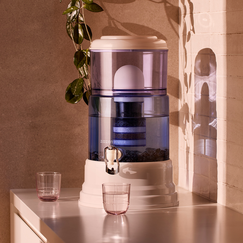 zazen Alkaline Water System on a white kitchen benchtop in warm afternoon light, with a trailing plant, leaf shadows on the wall and two pink-tinted glasses, one filled with water.