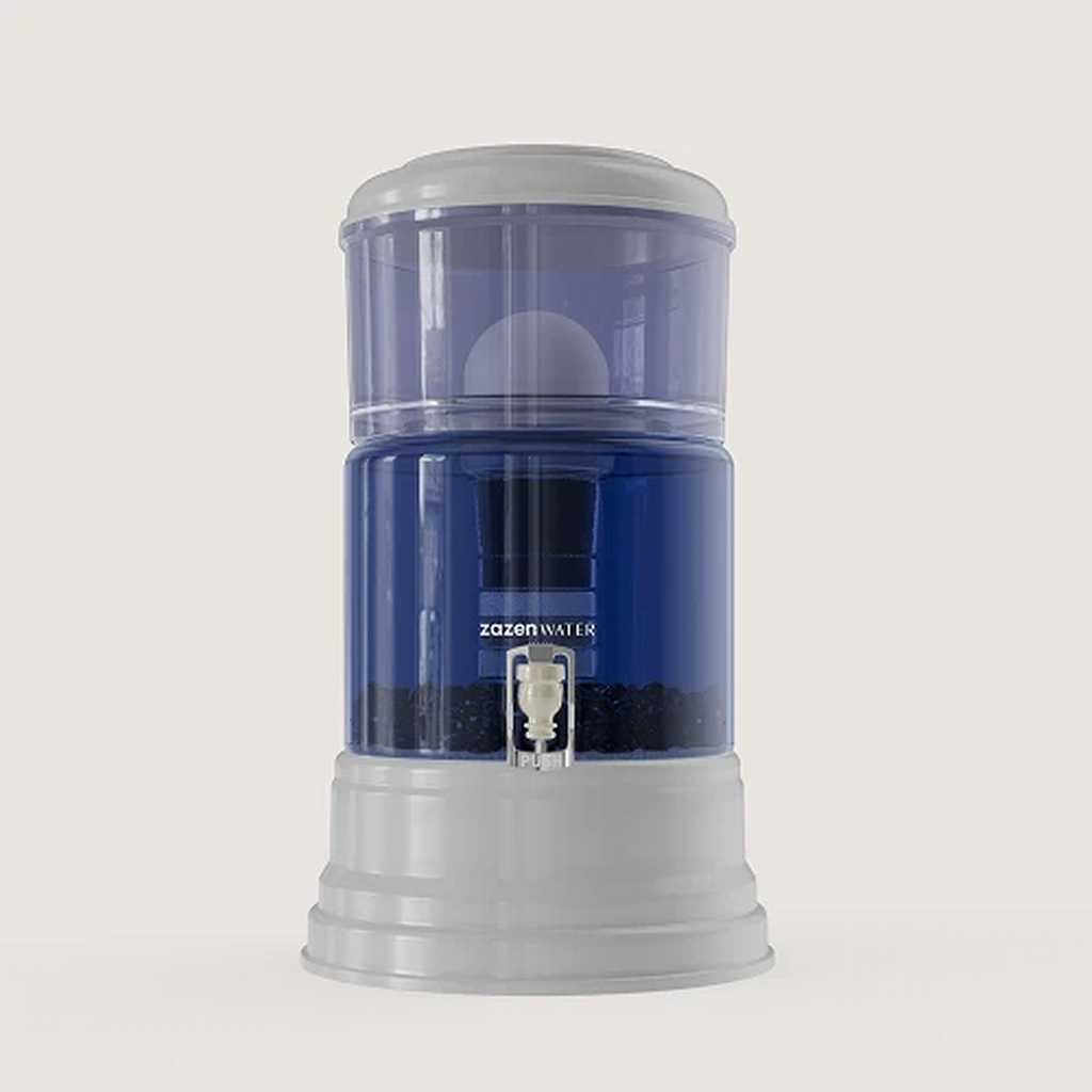 zazen Alkaline Water System with a blue glass bottom tank, clear top tank, white lid and base, and push tap, shown front-on against a light grey background.