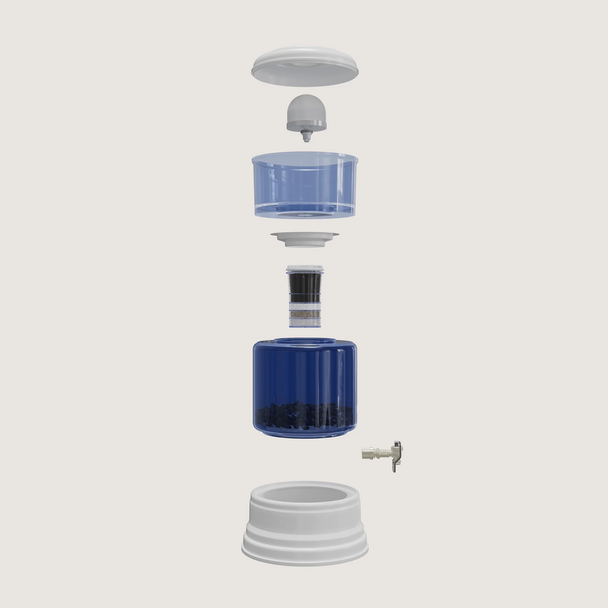 Exploded view of the zazen Alkaline Water System showing each component from top to bottom: lid, ceramic pre-filter, top tank, tank connector, multi-stage filter cartridge, bottom tank with mineral stones, tap and base.