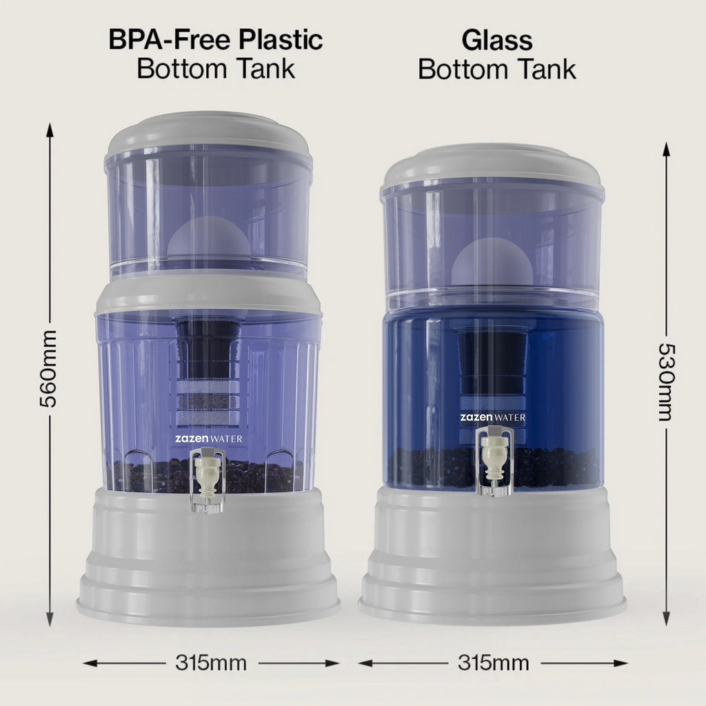Size comparison of two zazen Alkaline Water Systems: the BPA-free plastic bottom tank version measures 560mm tall and 315mm wide; the glass bottom tank version measures 530mm tall and 315mm wide.