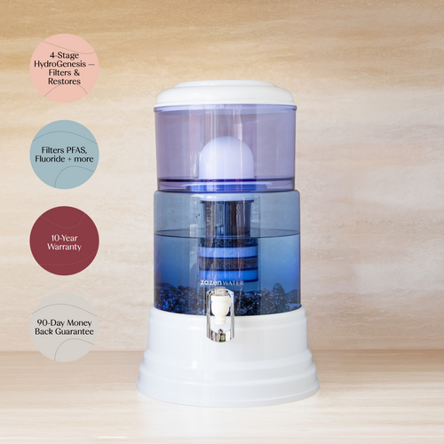 zazen Alkaline Water System on a travertine benchtop beside four key benefits: 4-stage HydroGenesis filters and restores; filters PFAS, fluoride and more; 10-year warranty; 90-day money back guarantee.